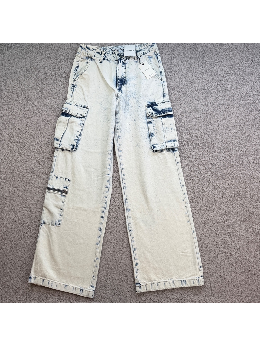 Forever 21 Premium Denim Cargo Jeans 25 Women Light Relaxed Fit Baggy Wide Y2K